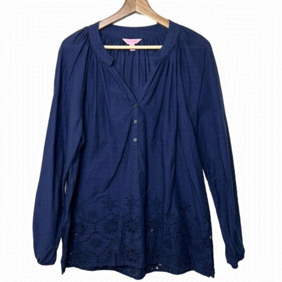 Lilly Pulitzer Womens Size Large Navy Blue Popover Cotton Blouse Eyelet Lace - Picture 1 of 7